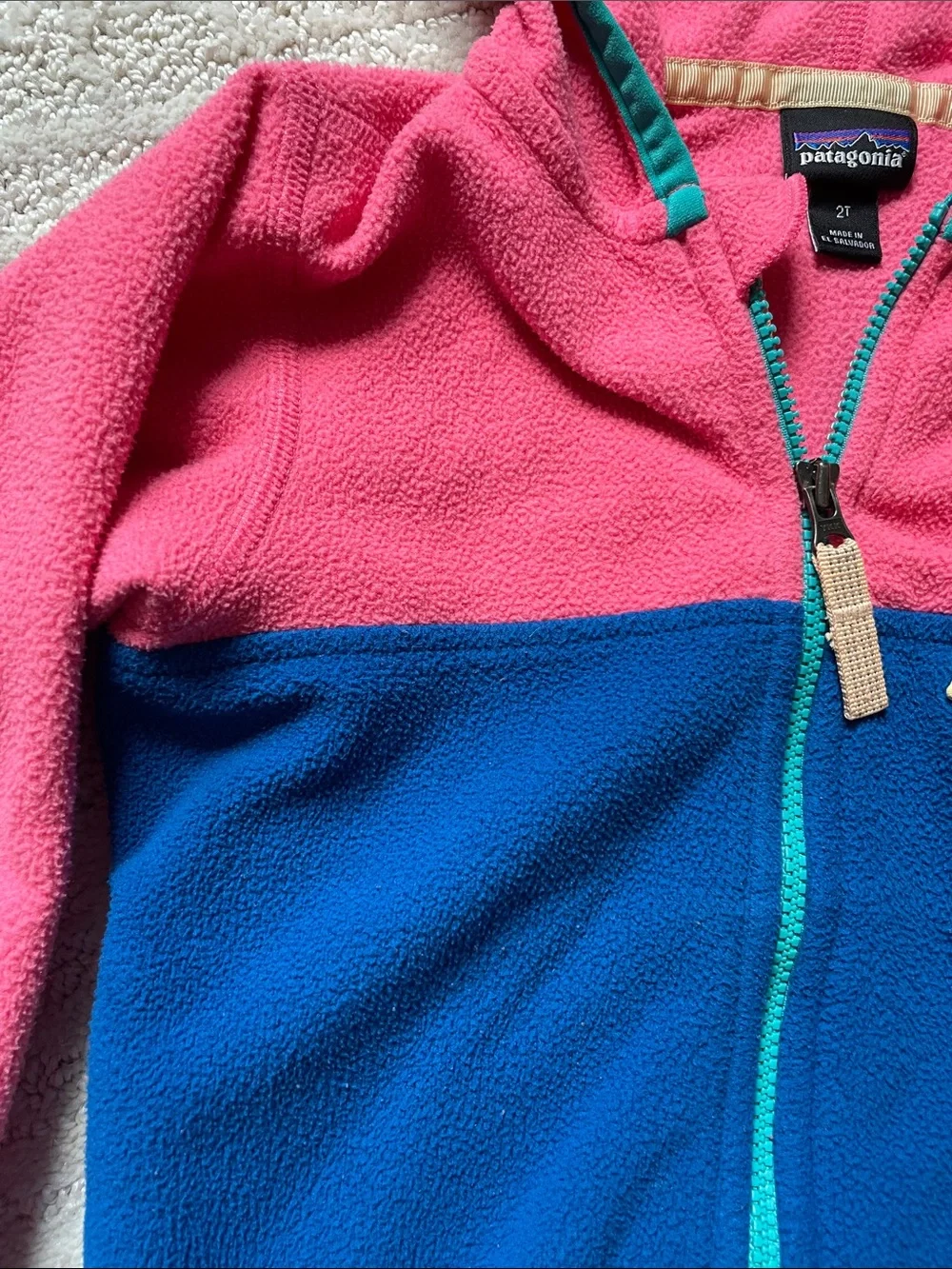 Patagonia Kids' Colorblock Fleece Hooded Jacket - Pink & Blue